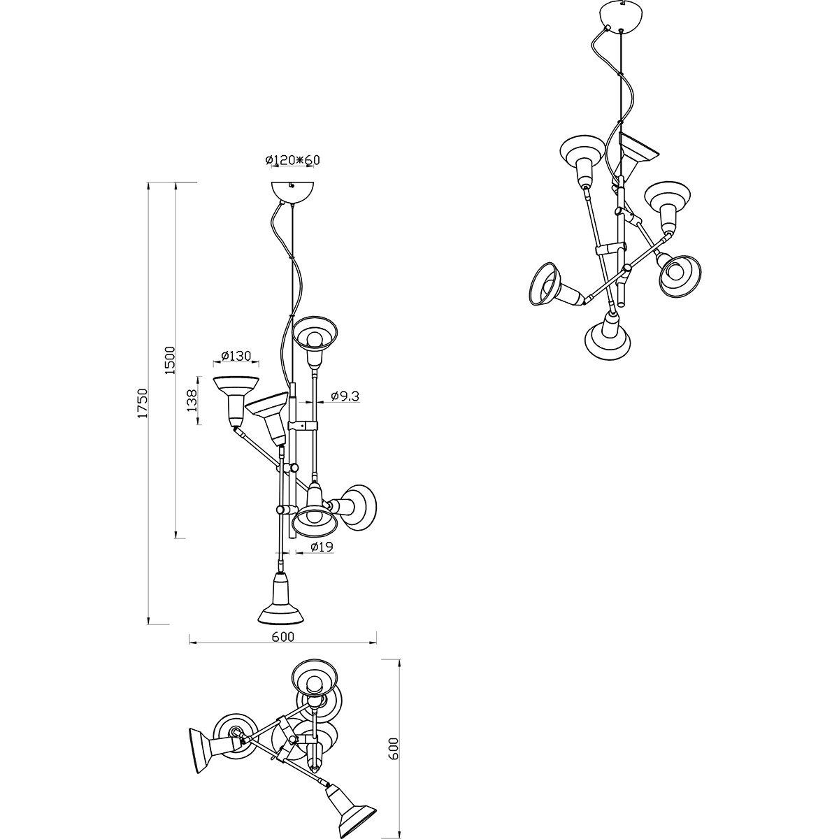 LED Hängelampe - Hängeleuchte - Trion Rollo - E14 Fassung - 6-flammig - Rund - Matt Schwarz - Aluminium