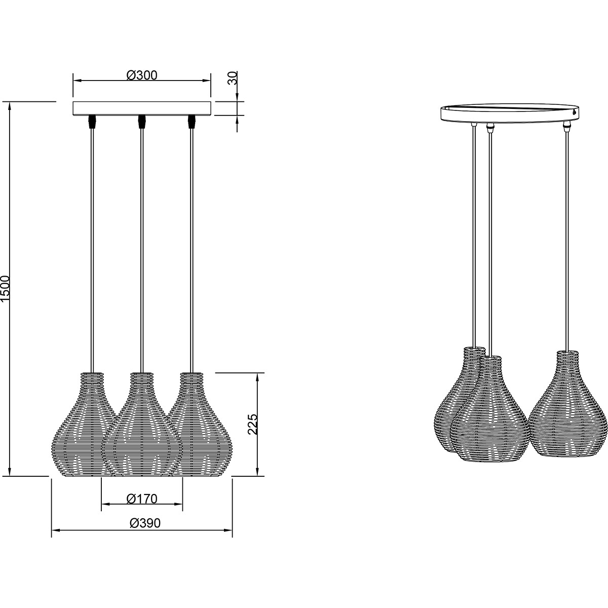 LED Hängelampe - Hängeleuchte - Trion Sparko - E14 Fassung - 3-flammig - Rund - Schwarz - Holz