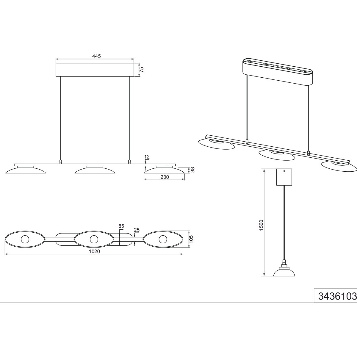 LED-Hängeleuchte - Pendelleuchte - Trion Tron - 9W - Warmweiß 3000K - 3-flammig - Dimmbar - Matt-Messing - Metall