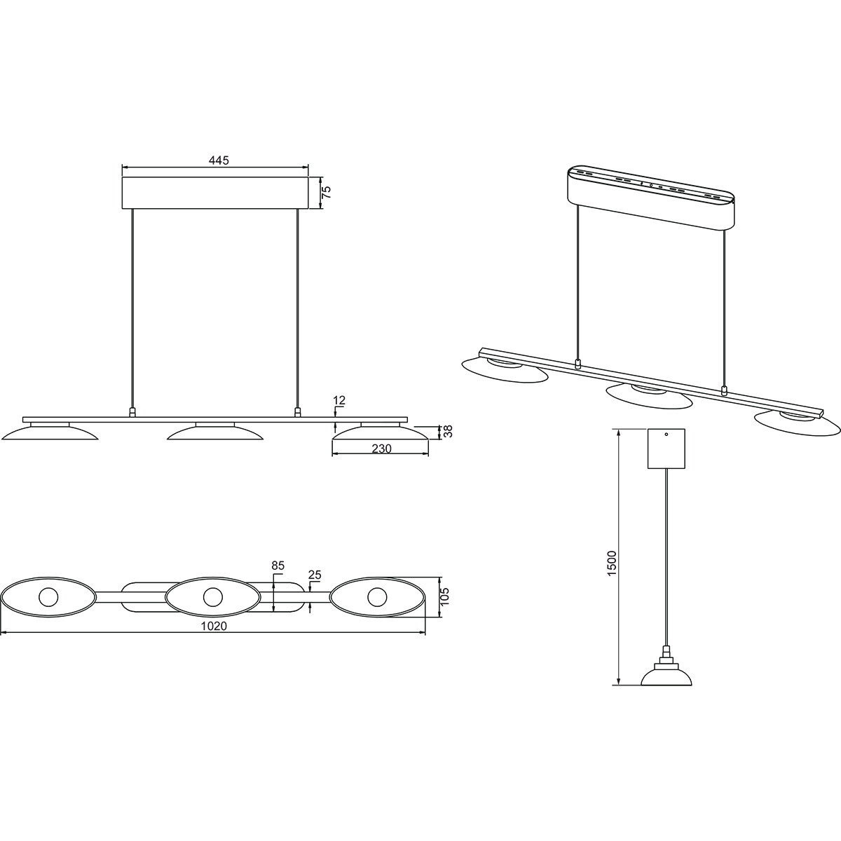 LED-Hängeleuchte - Pendelleuchte - Trion Tron - 9W - Warmweiß 3000K - 3-flammig - Dimmbar - Matt-Nickel - Metall