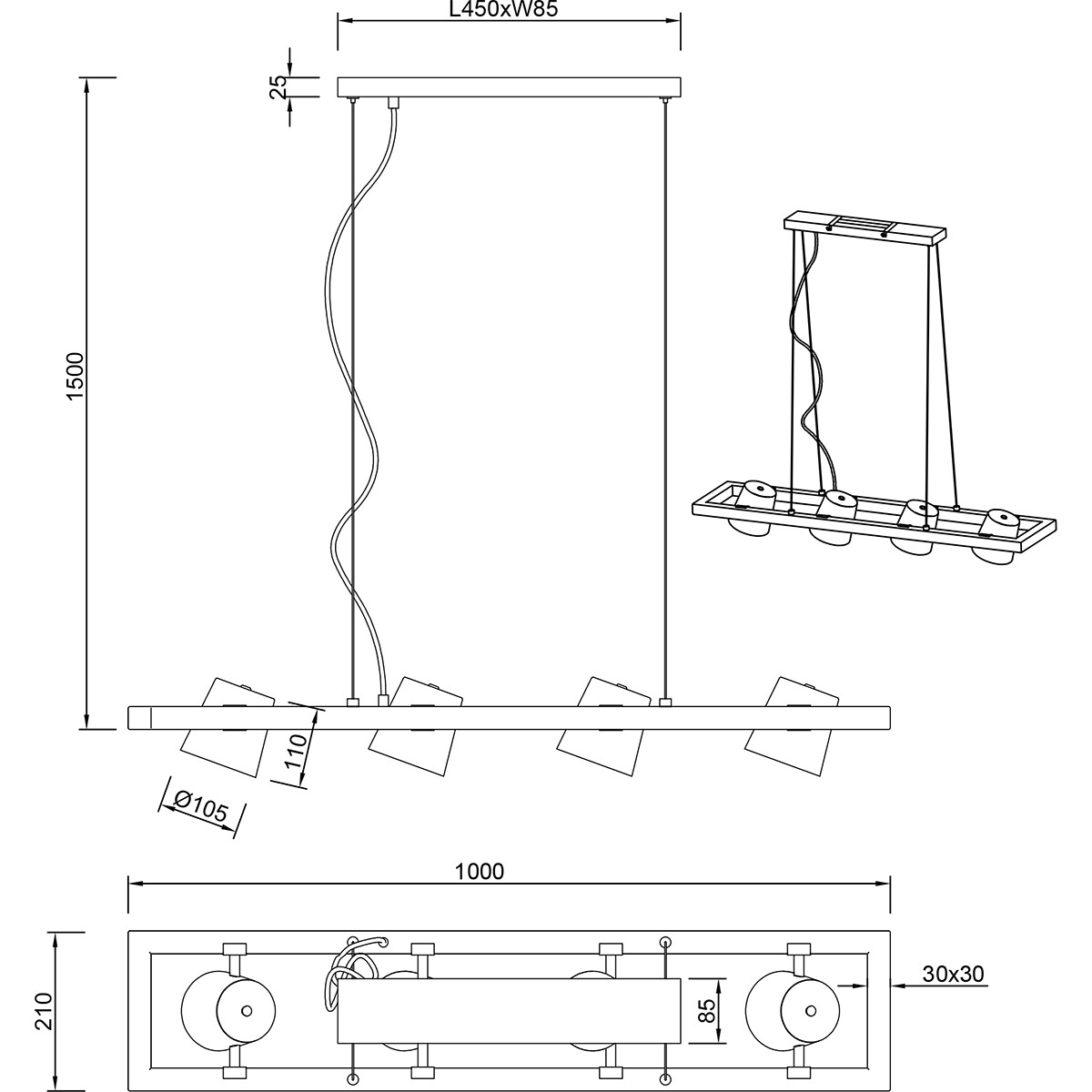 LED Hängelampe - Trion Bimm - E14 Fassung - 4-flammig - Rechteck - Antik Nickel - Aluminium