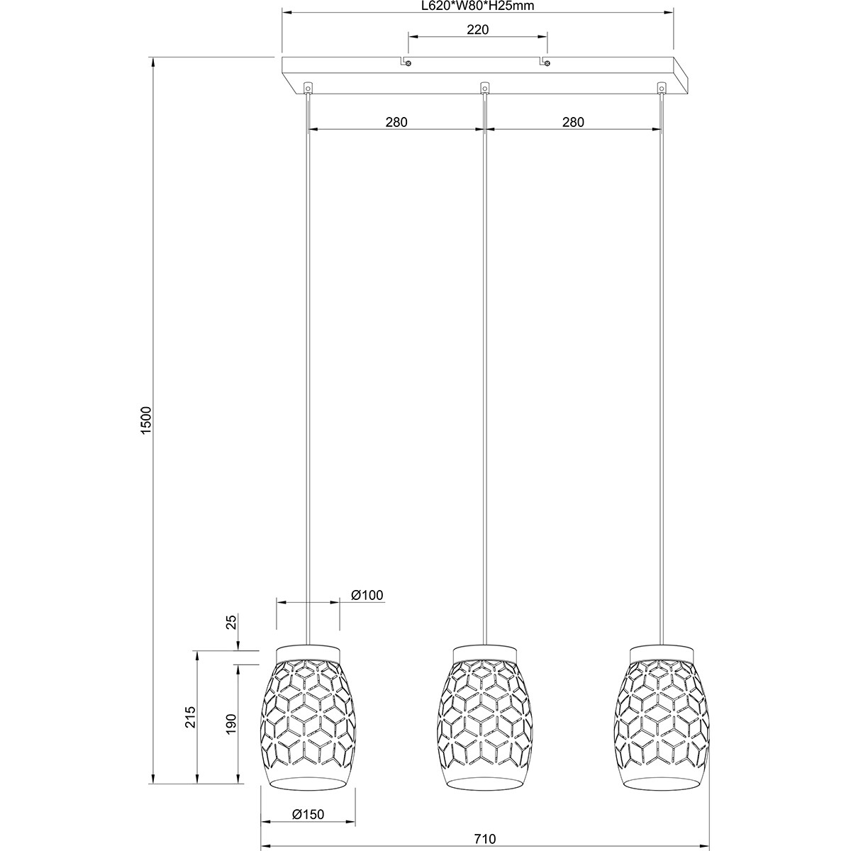 LED Hängelampe - Trion Dabi - E27 Fassung - 3-flammig - Schwarz/Gold - Metall