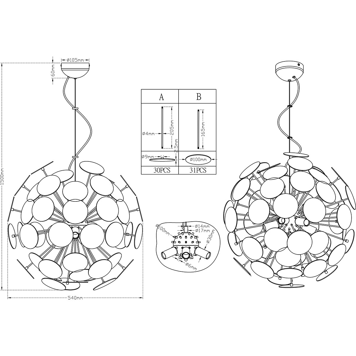 LED Hängelampe - Trion Discon - E14 Sockel - 6-flammig - Rund - Mattweiß Aluminium