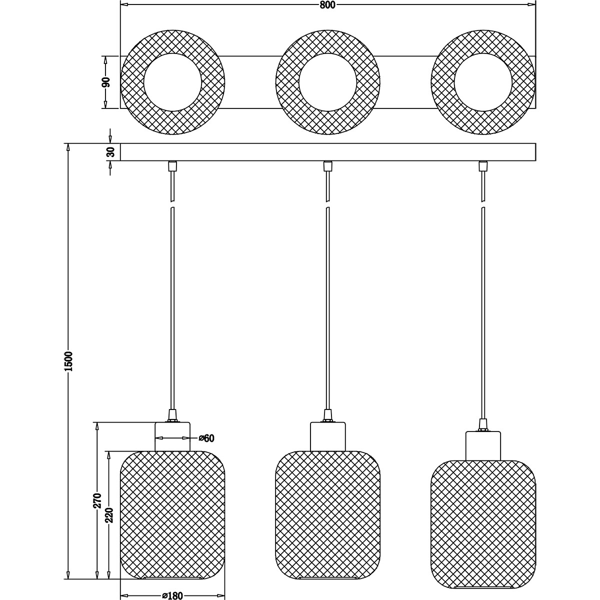 LED Hängelampe - Trion Kalim - E27 Fassung - 3-flammig - Rechteck - Matt Schwarz - Aluminium