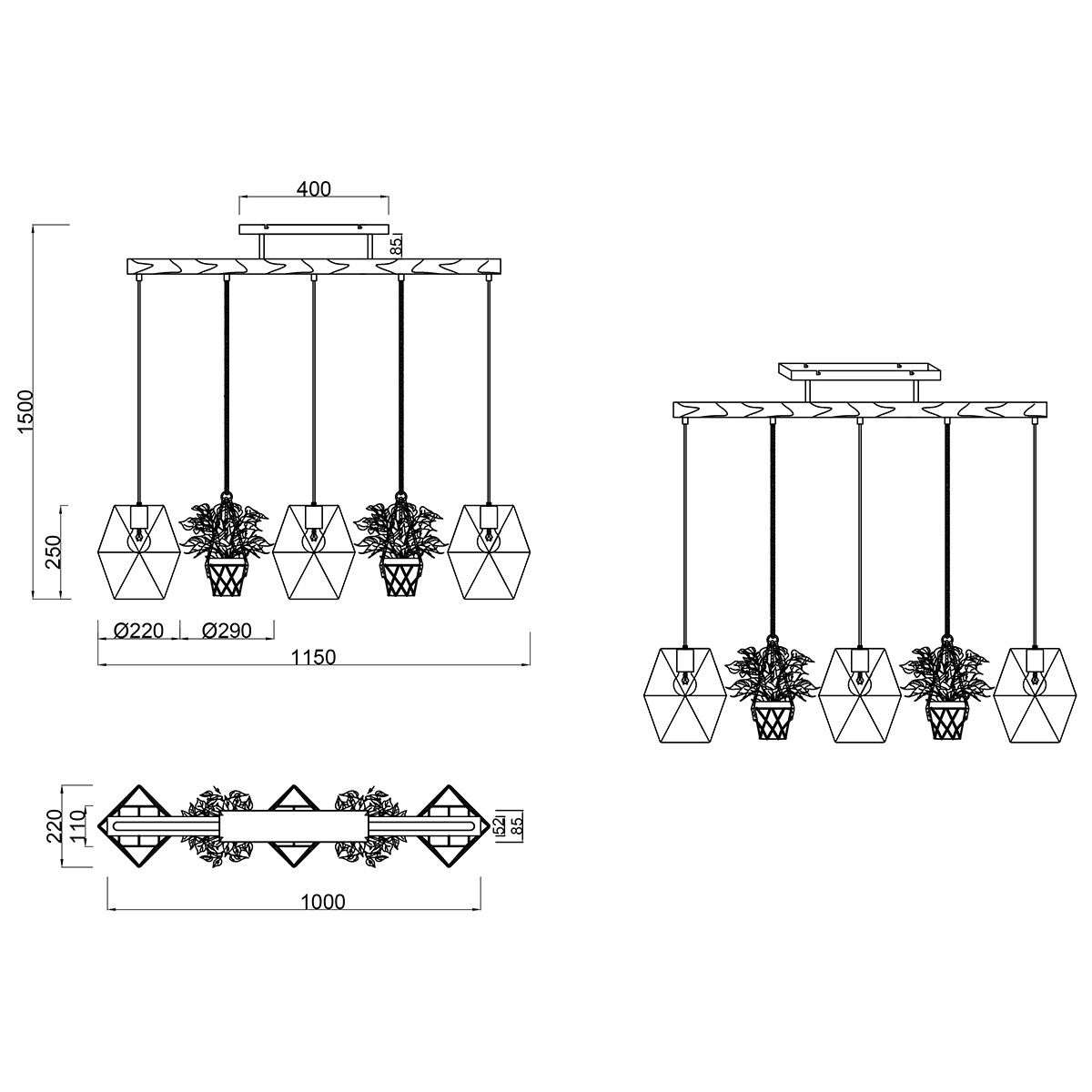 LED Deckenleuchte - Trion Plantan - E27 Sockel - 3-flammig - Rechteckig - Antikes Nickel - Aluminium