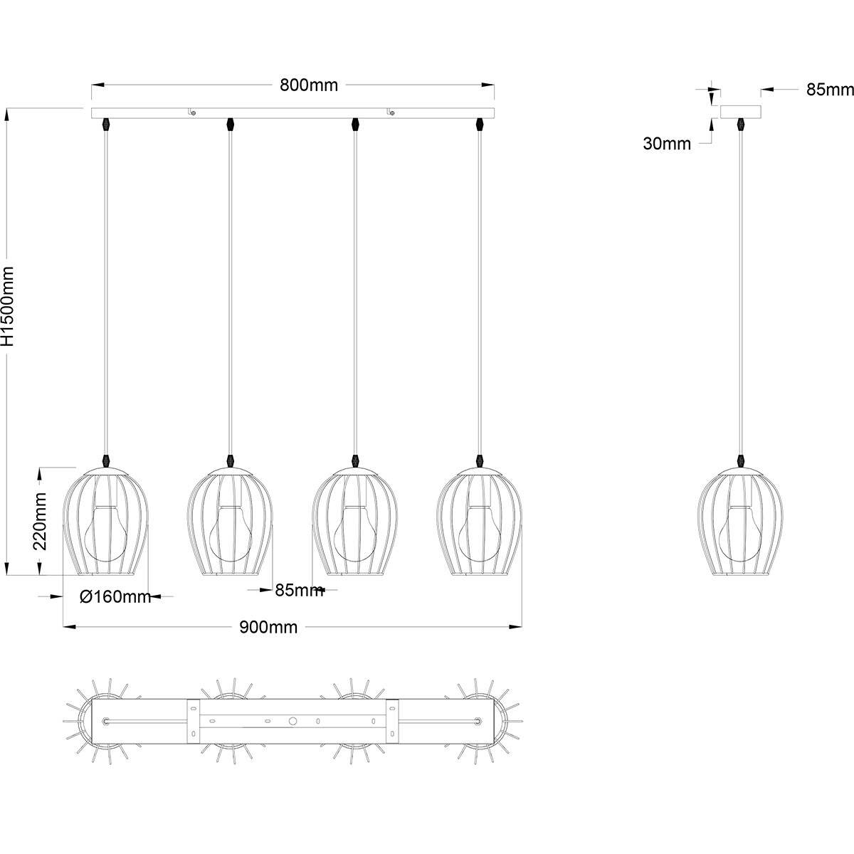 LED-Hängeleuchte - Trion Rigo - E27-Fassung - 4-Lichter - Rund - Mattschwarz - Metall