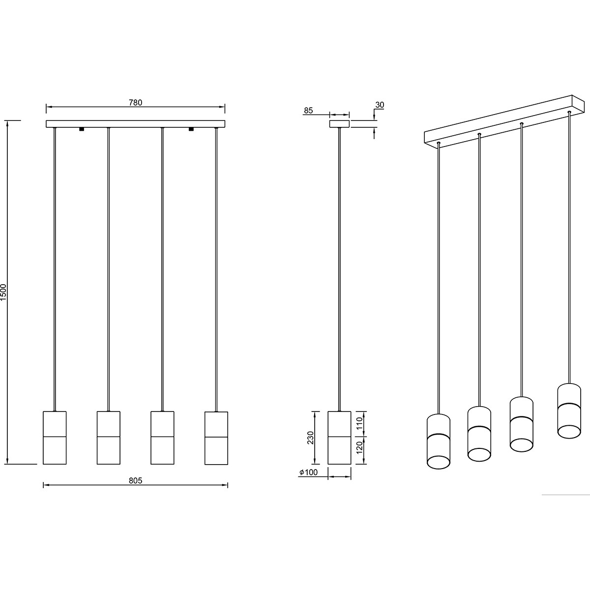 LED Hängelampe - Trion Roba - E27 Sockel - 4-flammig - Rund - Mattschwarz Rauchglas - Aluminium