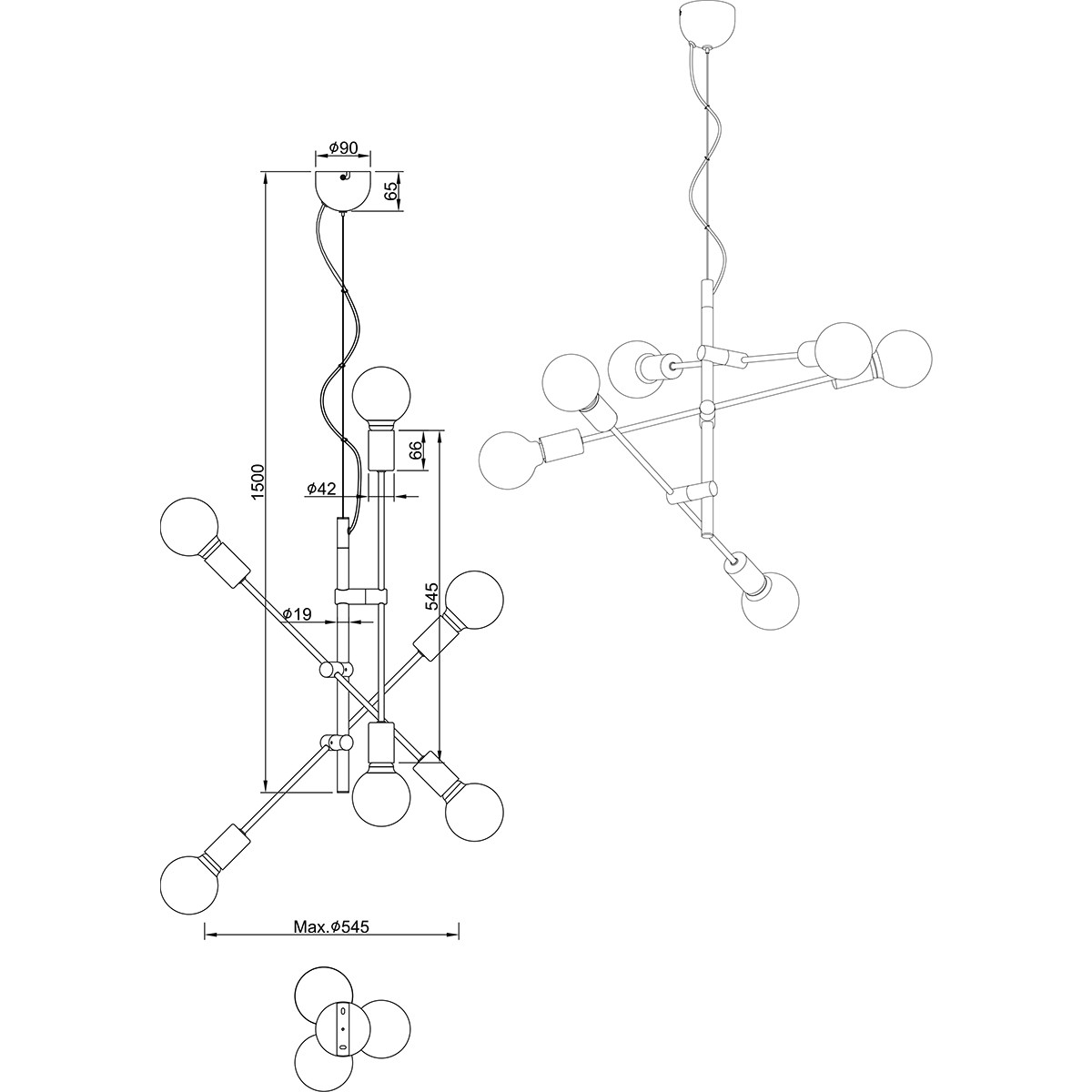 LED Hängelampe - Trion Ross - E27 Sockel - 6-flammig - Verstellbar - Rund - Mattschwarz Aluminium