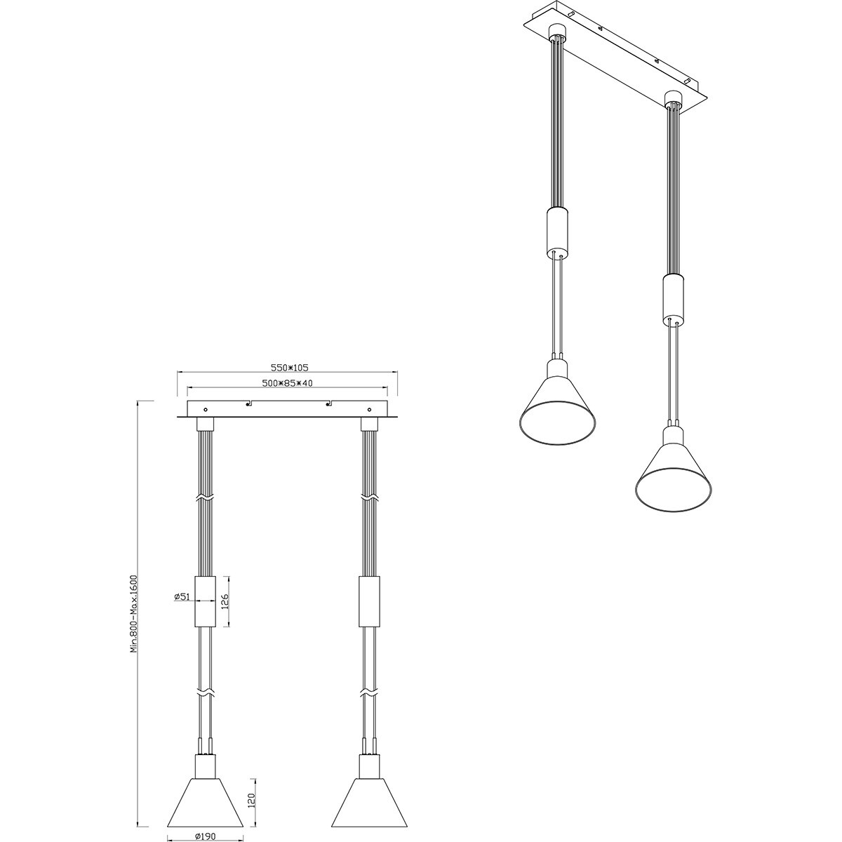 LED-Hängeleuchte - Trion Stey - E27-Fassung - 2-flammig - Rund - Matt-Nickel - Metall - Glas