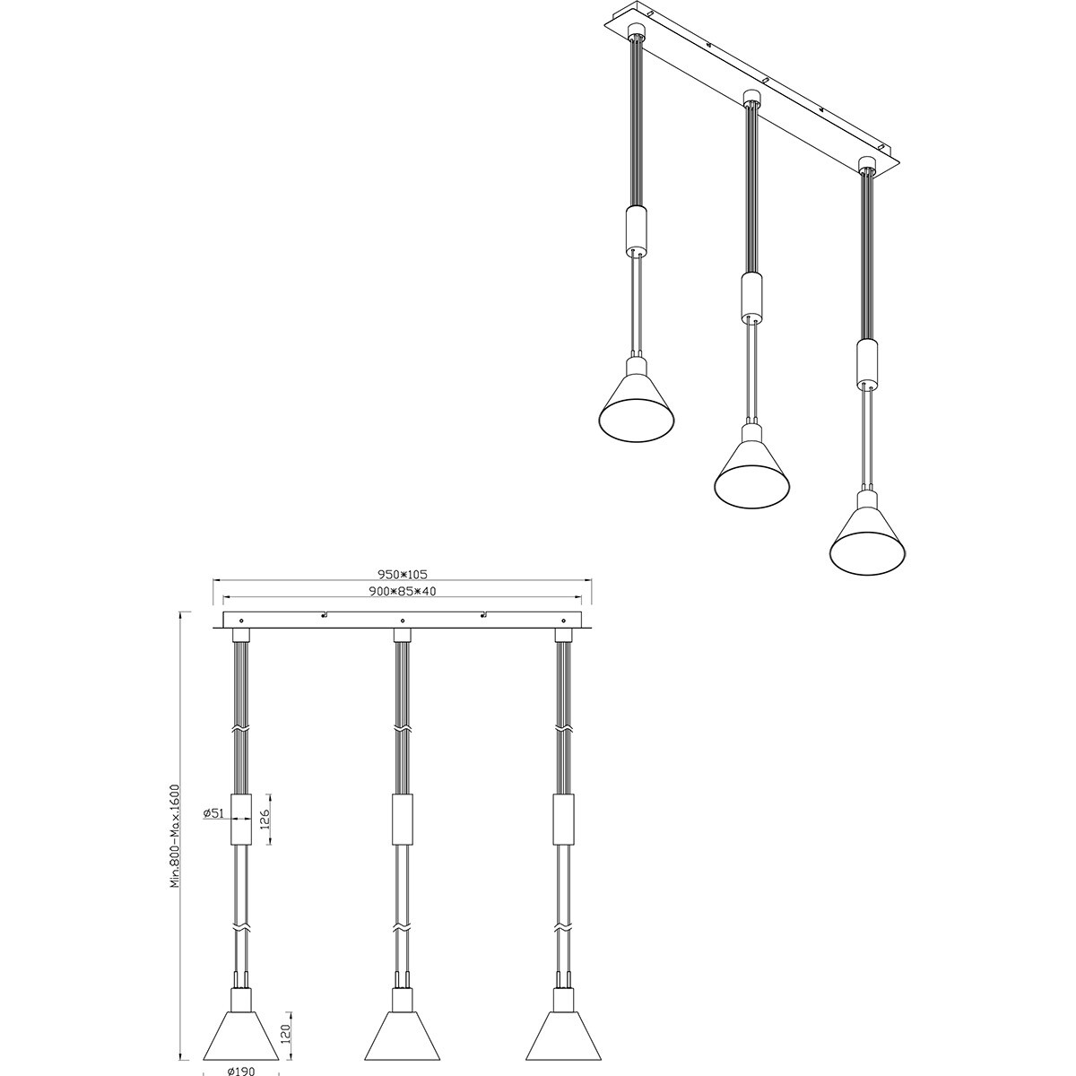 LED-Hängeleuchte - Trion Stey - E27-Fassung - 3-flammig - Rund - Matt-Nickel - Metall - Glas