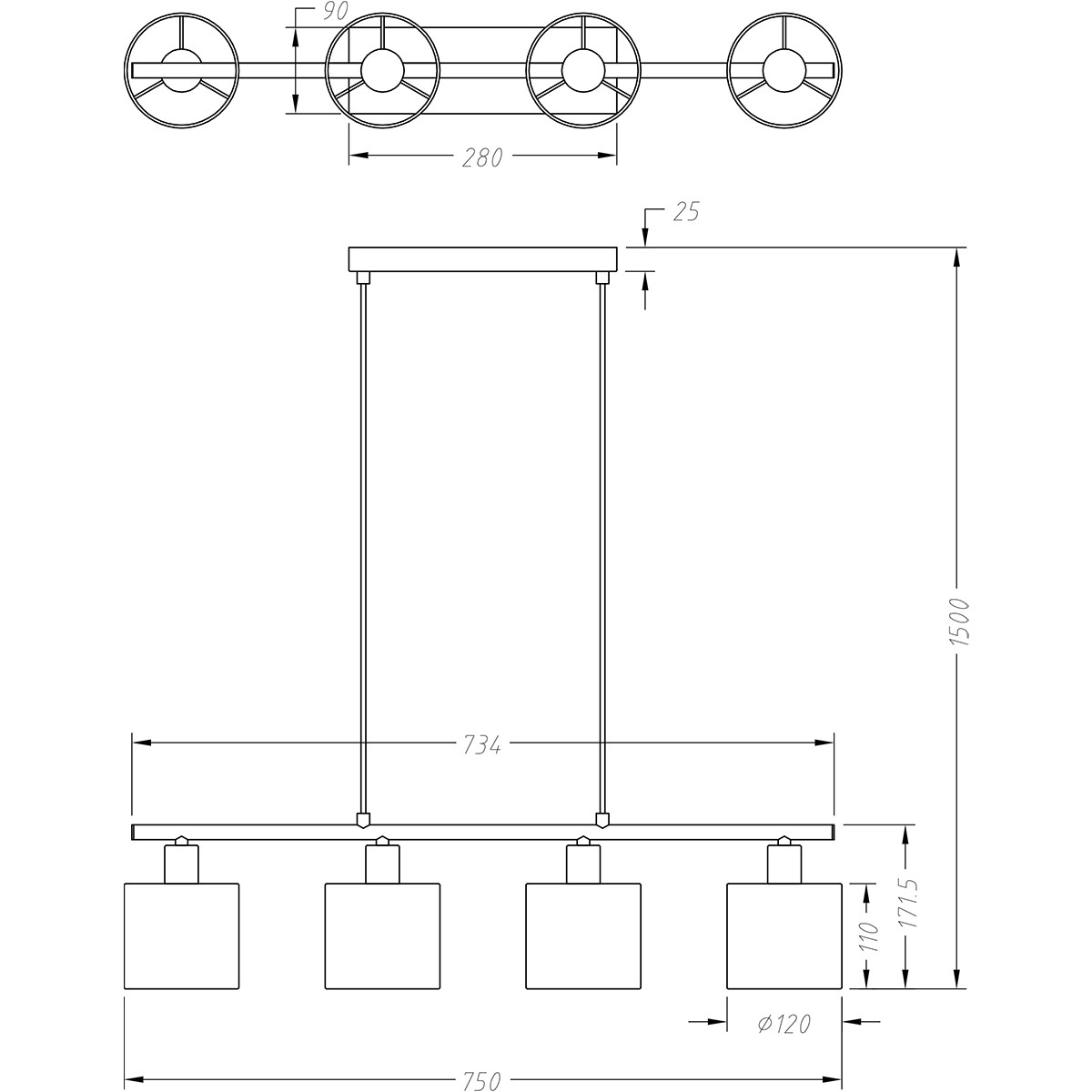 LED Hängelampe - Trion Torry - E14 Sockel - 4-flammig - Rund - Mattschwarz Aluminium/Textil