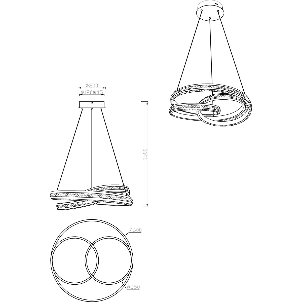 LED Hängelampe - Trion Yarino - 60W - Anpassbare Lichtfarbe - Dimmbar - Rund - Matt Schwarz - Aluminium