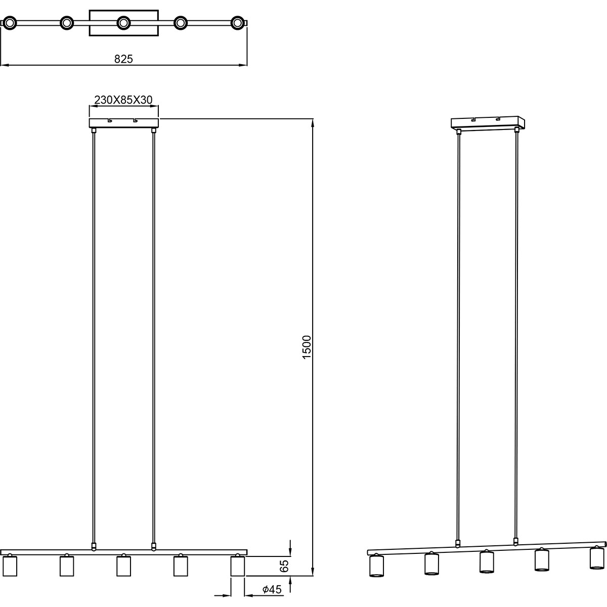 LED Hängelampe - Trion Zuncka - E27 Fassung - 5-flammig - Rechteck - Matt Schwarz - Aluminium