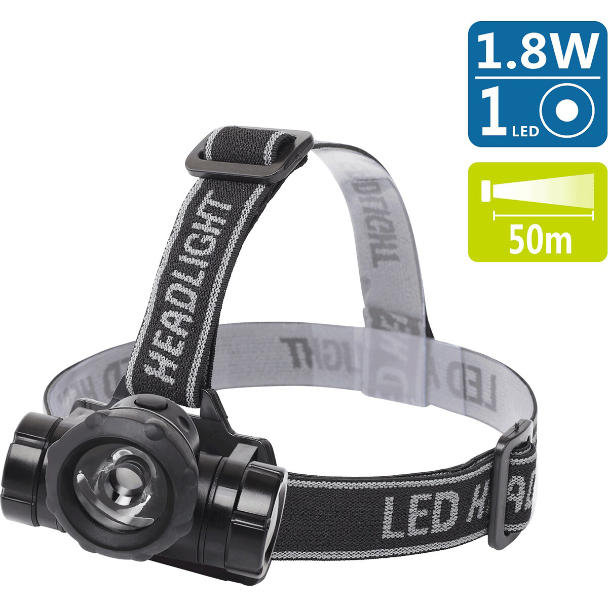 LED Stirnlampe - Aigi Buvin - Wasserdicht - 50 Meter - Schwenkbar - 1 LED - 1.8W - Schwarz | Ersetzt 10W