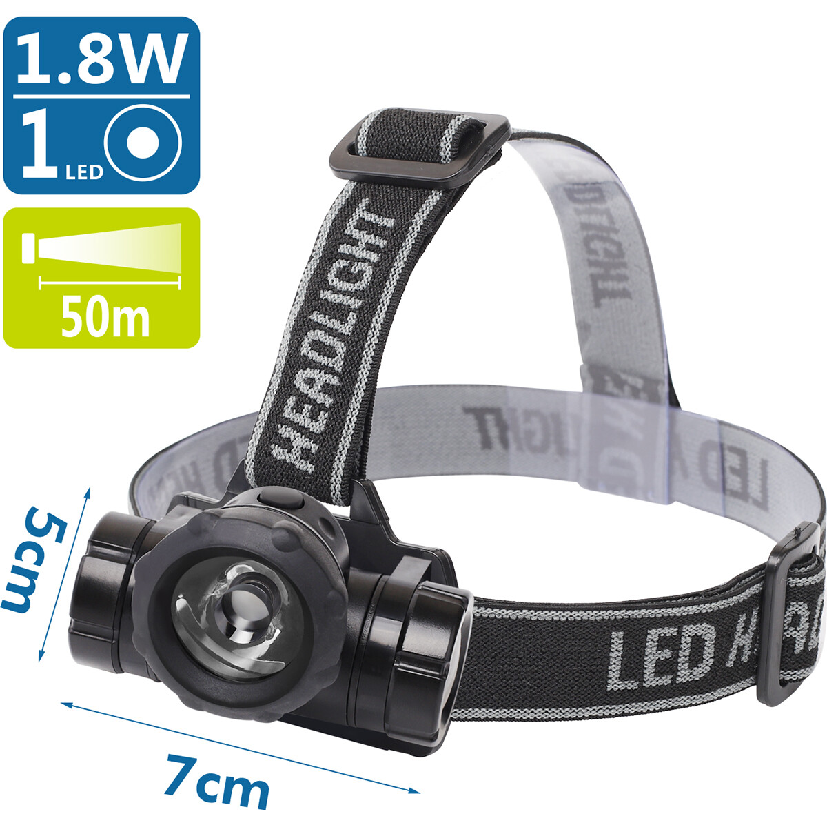 LED Stirnlampe - Aigi Buvin - Wasserdicht - 50 Meter - Schwenkbar - 1 LED - 1.8W - Schwarz | Ersetzt 10W