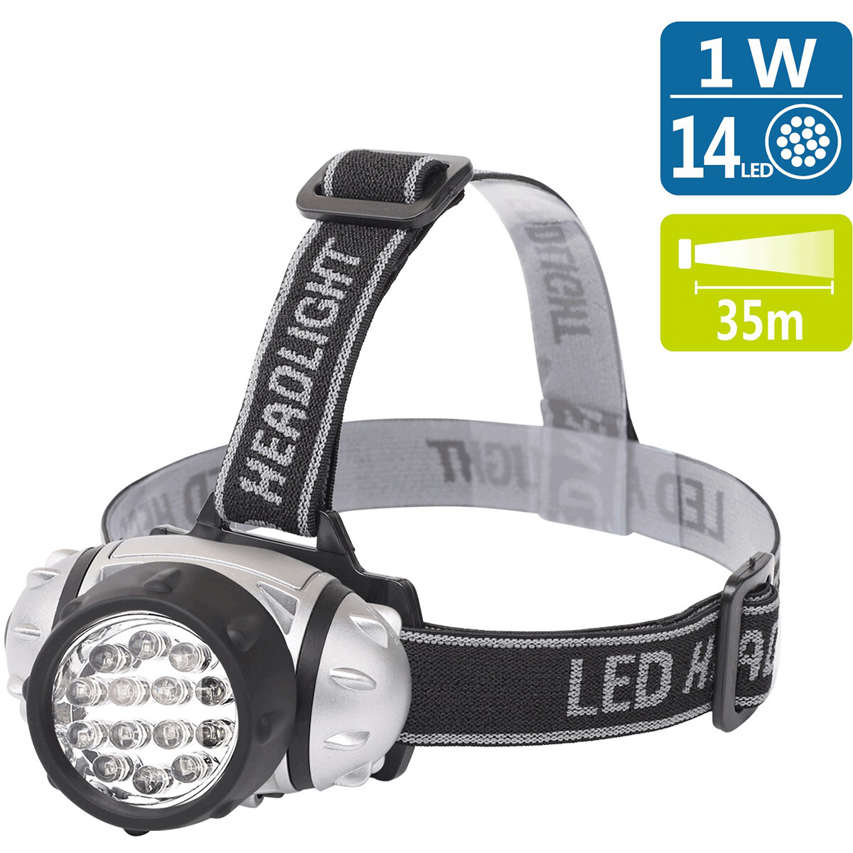 LED Stirnlampe - Aigi Heady - Wasserdicht - 35 Meter - Schwenkbar - 14 LEDs - 1W - Silber | Ersetzt 8W