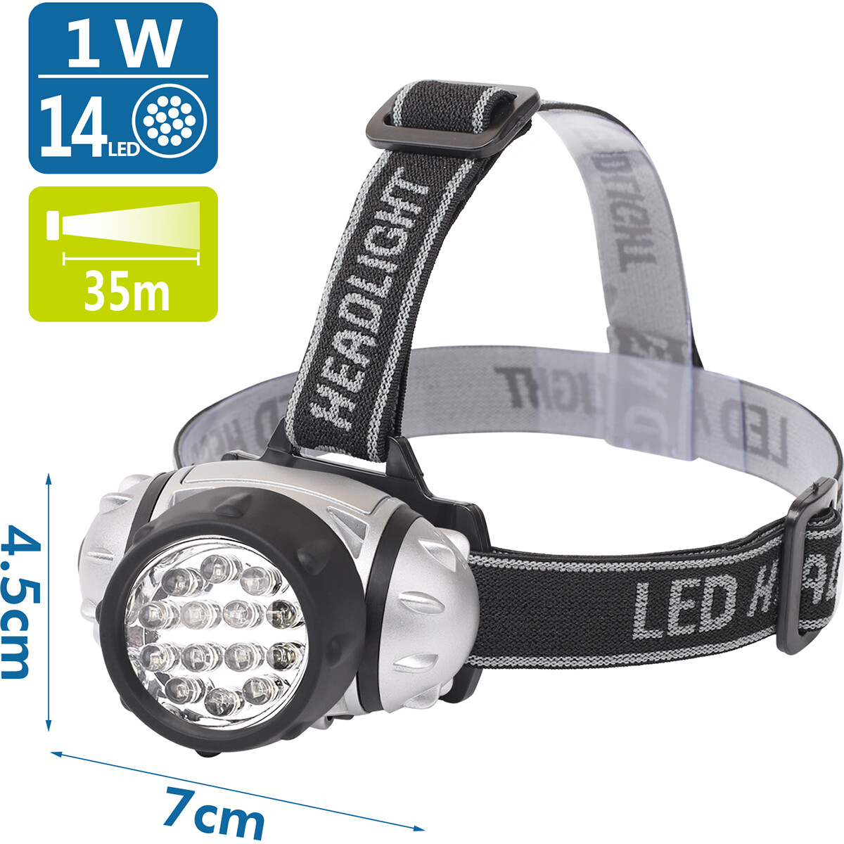 LED Stirnlampe - Aigi Heady - Wasserdicht - 35 Meter - Schwenkbar - 14 LEDs - 1W - Silber | Ersetzt 8W