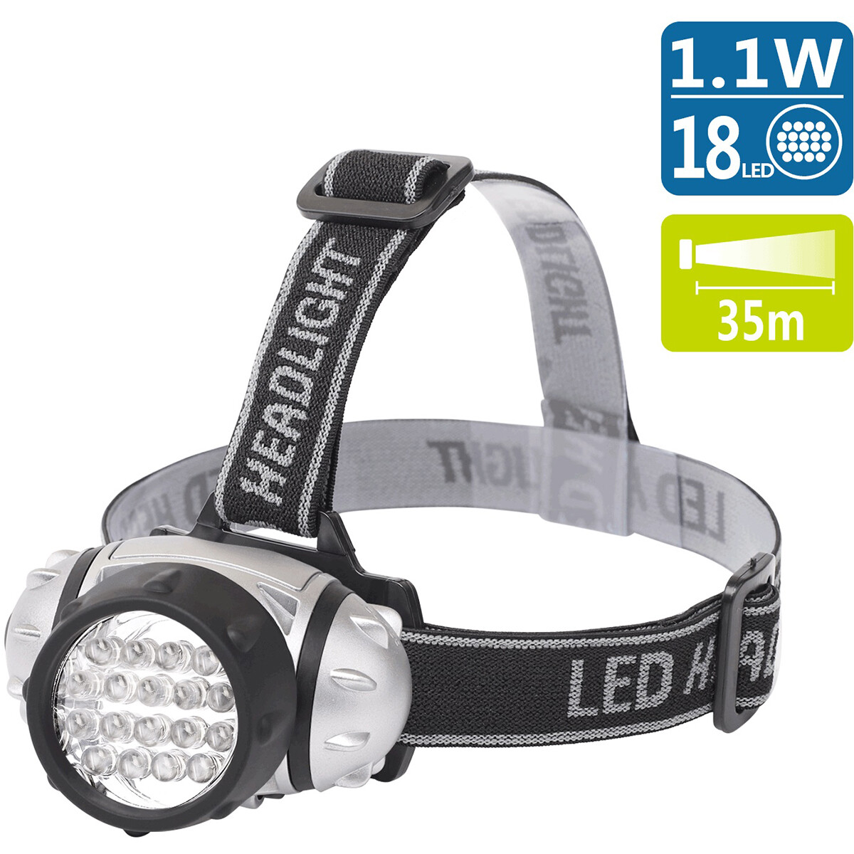 LED Stirnlampe - Aigi Heady - Wasserdicht - 35 Meter - Schwenkbar - 18 LEDs - 1.1W - Silber | Ersetzt 9W