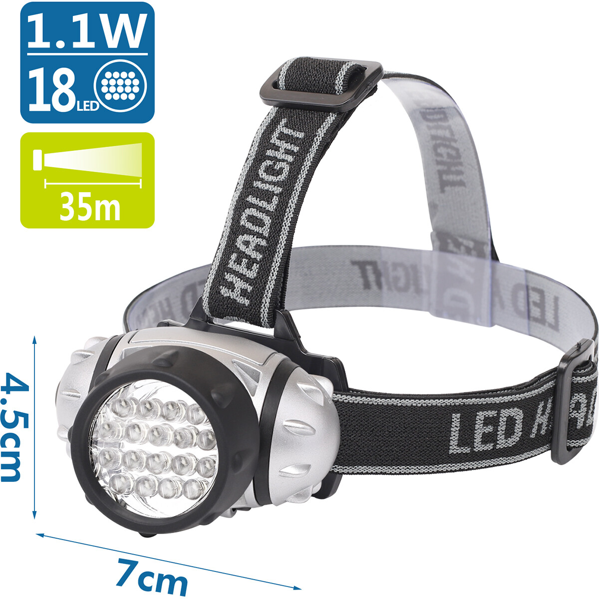 LED Stirnlampe - Aigi Heady - Wasserdicht - 35 Meter - Schwenkbar - 18 LEDs - 1.1W - Silber | Ersetzt 9W