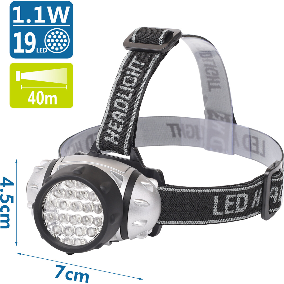 LED Stirnlampe - Aigi Slico - Wasserdicht - 40 Meter - Schwenkbar - 19 LEDs - 1.1W - Silber | Ersetzt 9W