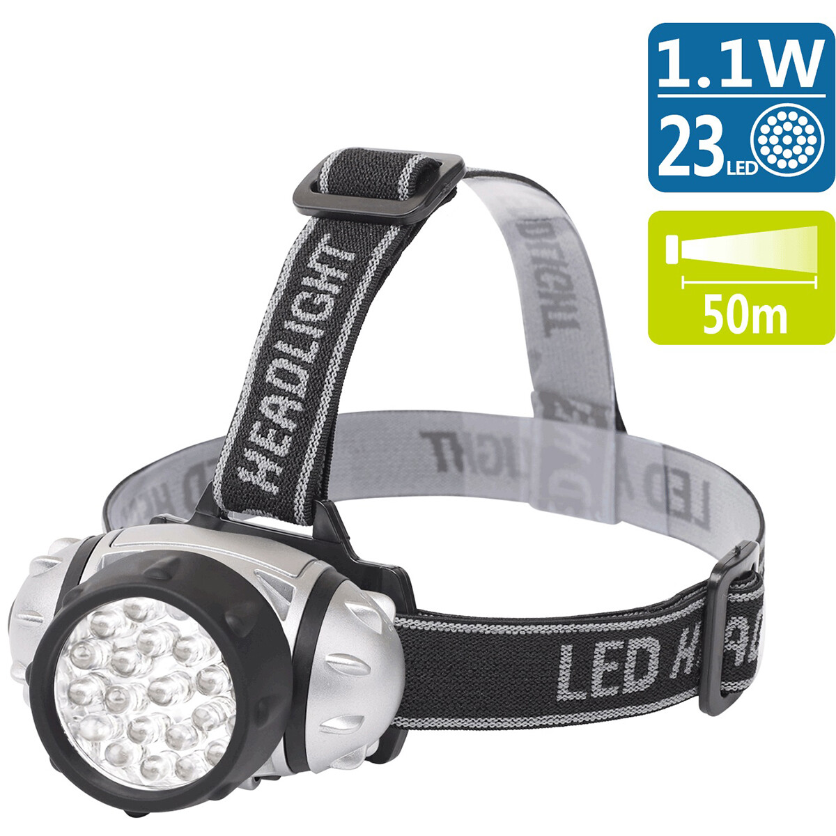 LED Stirnlampe - Aigi Slico - Wasserdicht - 50 Meter - Schwenkbar - 23 LEDs - 1.1W - Silber | Ersetzt 9W