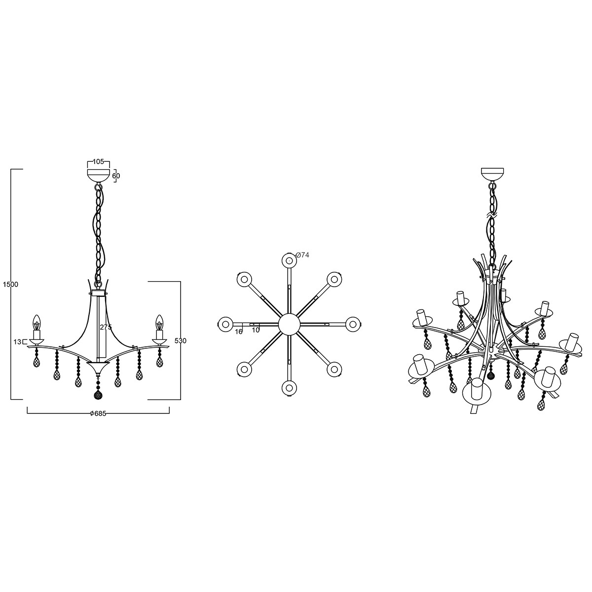 LED Kronleuchter - Trion Lacarno - E14 Sockel - 8-flammig - Rund - Matt Chrom - Aluminium