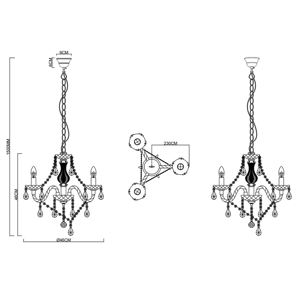 LED Kronleuchter - Trion Lucy - E14 Sockel - 3-flammig - Rund - Mattschwarz - Aluminium