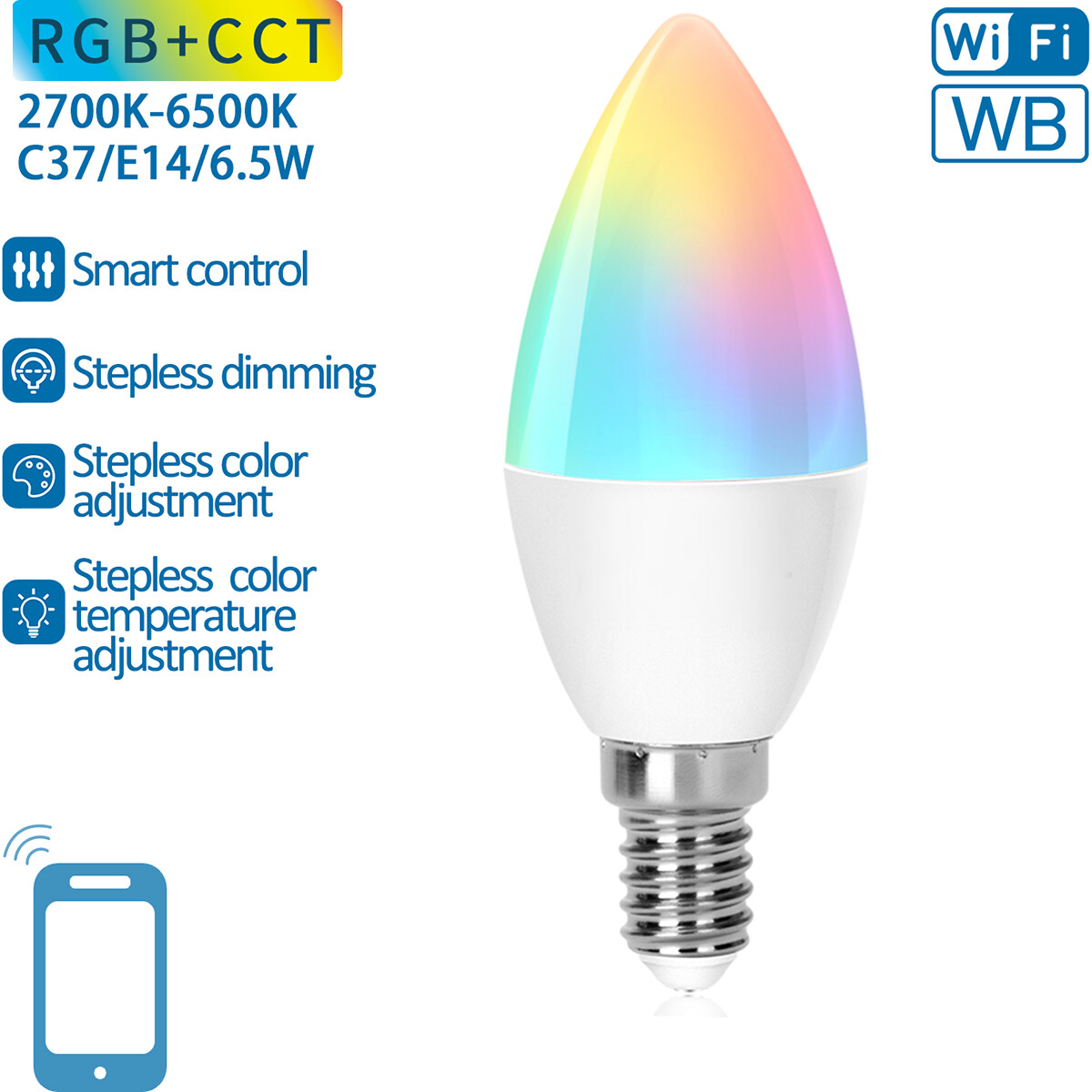 LED-Lampe - Smart LED - Aigi Lexus - Bulb C37 - 6.5W - E14 Fassung - Wifi LED + Bluetooth - RGB + Anpassbare Lichtfarbe - Mattweiß - Kunststoff