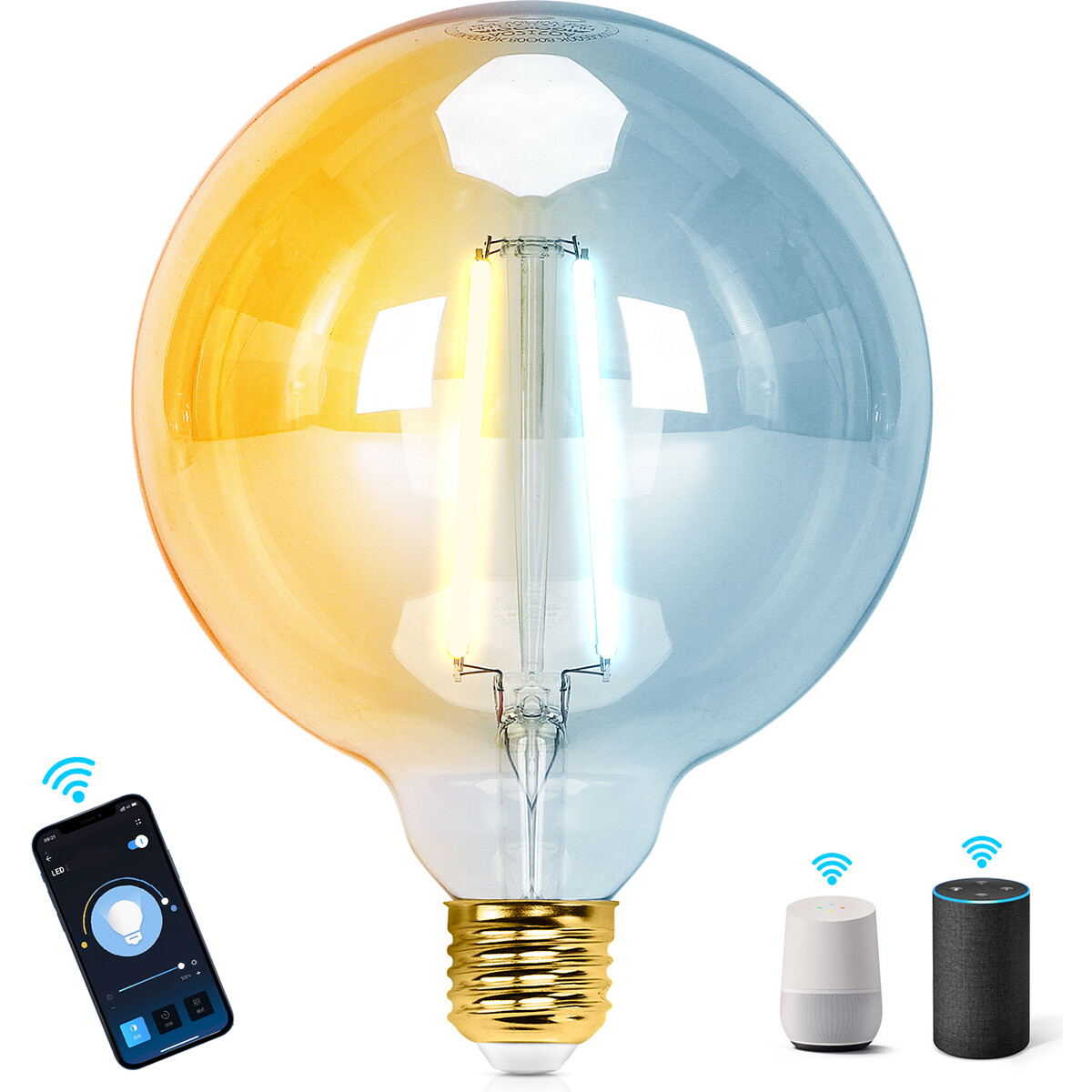 LED-Lampe - Smart LED - Aigi Rixona - Glühbirne G125 - 6W - E27 Fassung - WLAN-LED + Bluetooth - Anpassbare Lichtfarbe - Bernstein - Glas