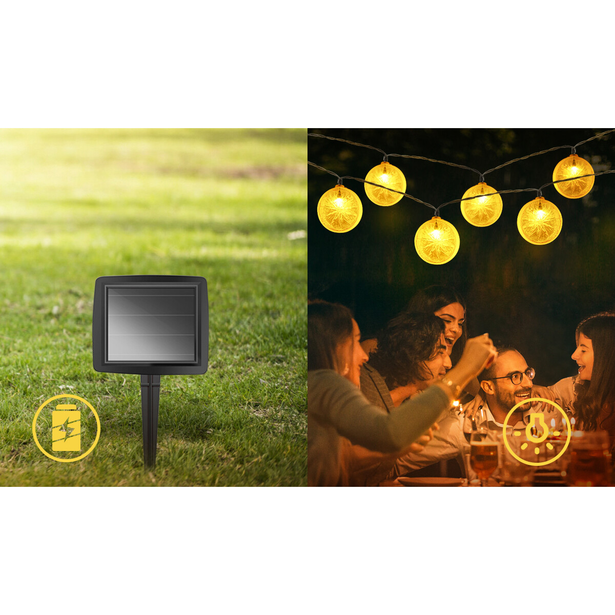 LED Lichterkette mit Solarpanel - Tag- und Nachtsensor - Aigi Stiac - Zitrone - 10W - Warmweiß 3000K - 3.8 Meter - 10 LED's Transparent - Wasserdicht IP44 - Schwarz