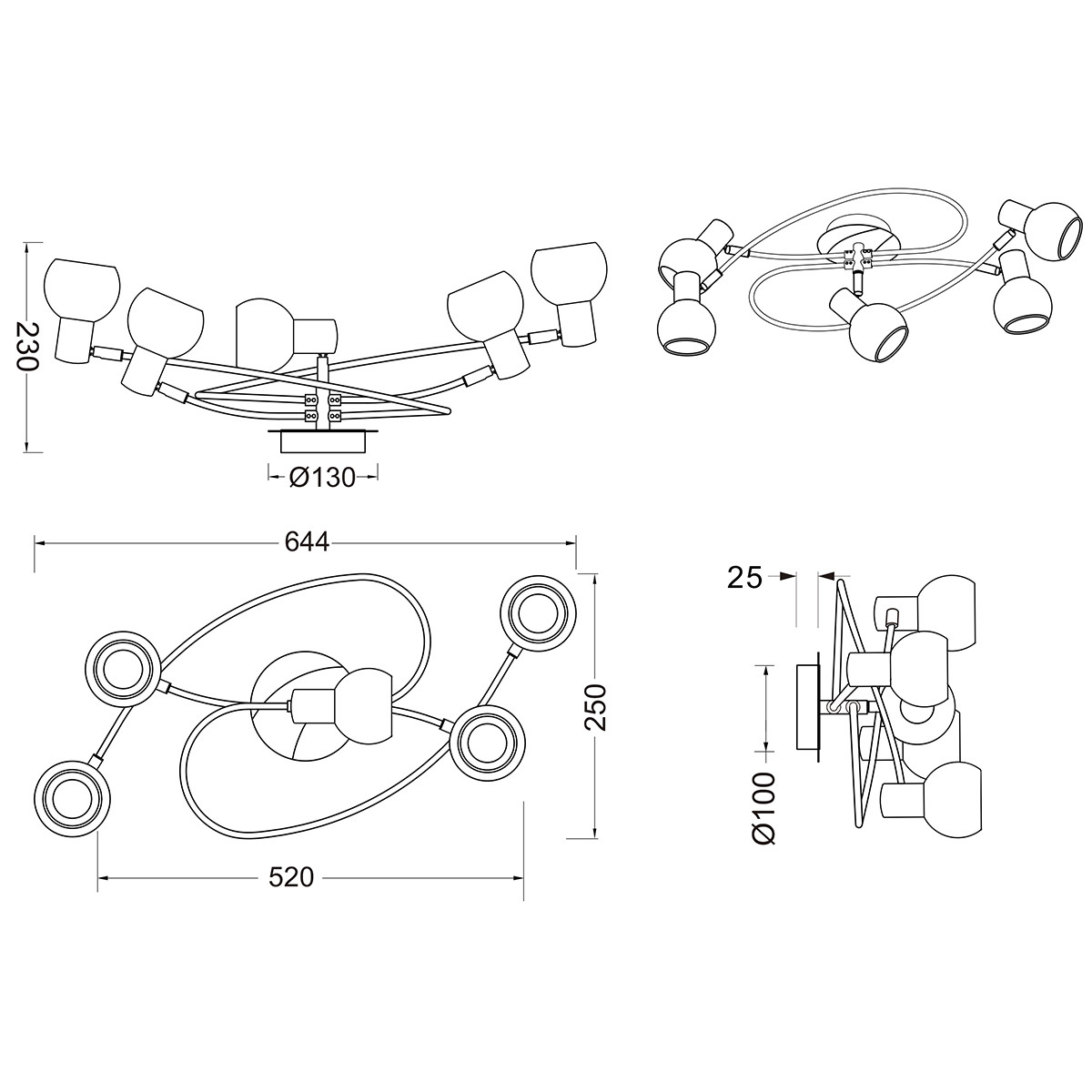 LED Deckenleuchte - Deckenbeleuchtung - Trion Antiniba - E14 Sockel - 5-flammig - Rund - Matt Nickel - Aluminium