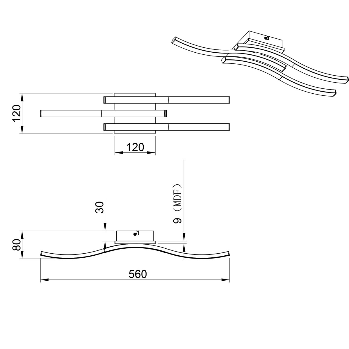 LED Deckenleuchte - Deckenbeleuchtung - Trion Dalga - 3-Licht - 5W - 3000K - Warmweiß - Gebogene Form - Braun - MDF