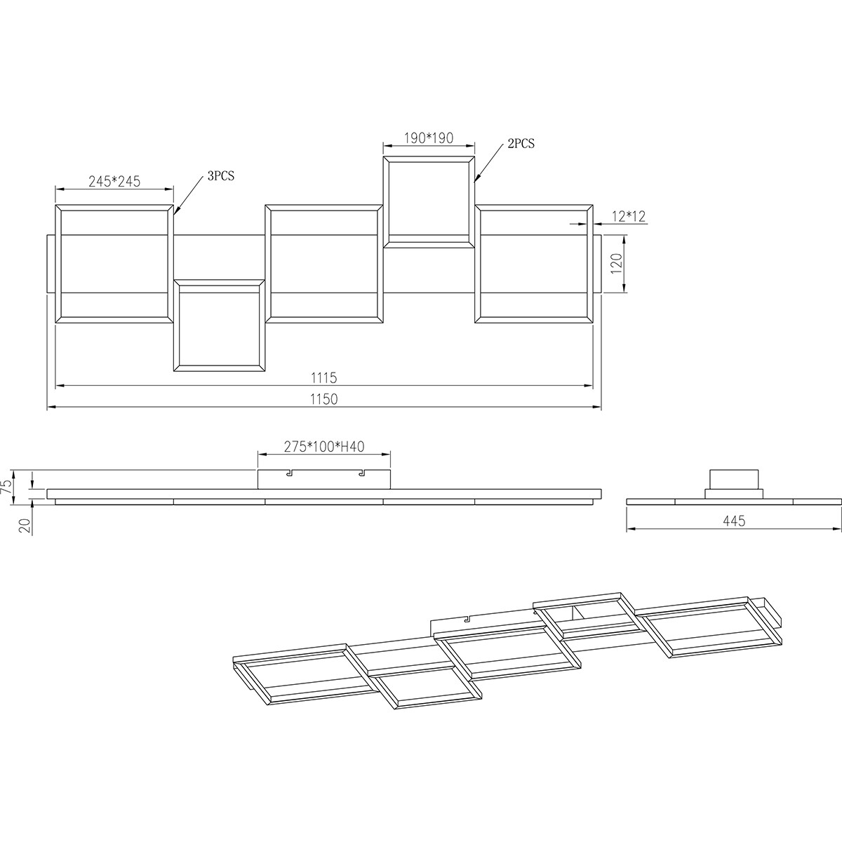 LED Deckenlampe - Deckenbeleuchtung - Trion Harla - 42W - Warmweiß 3000K - Dimmbar - Rechteckig - Mattschwarz - Aluminium