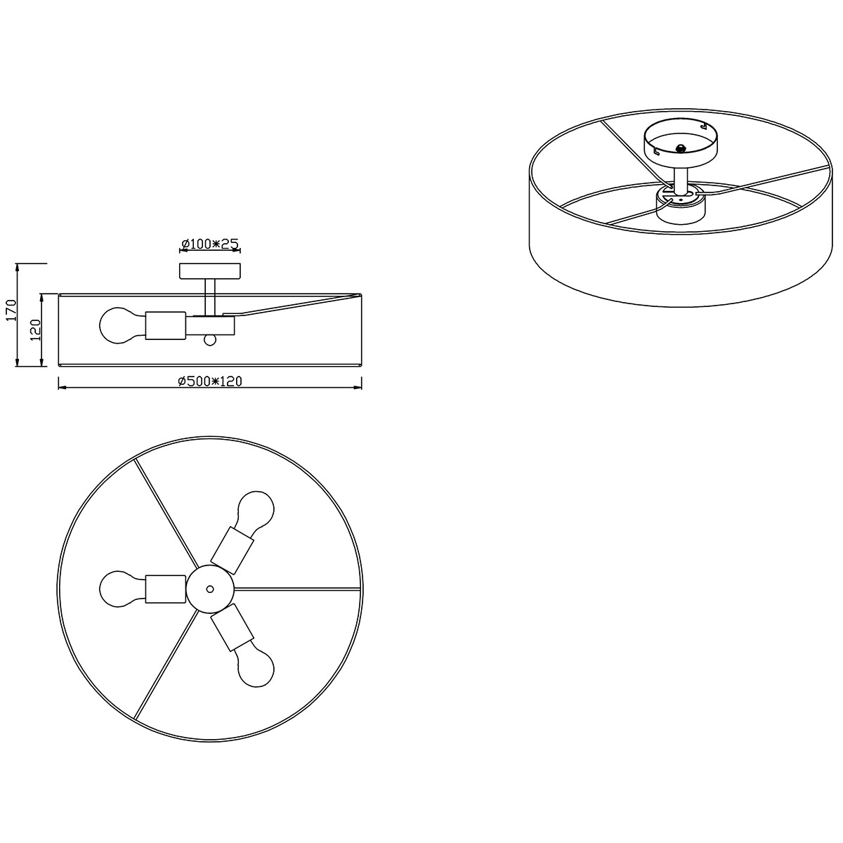 LED Deckenleuchte - Deckenbeleuchtung - Trion Hotia - E27 Sockel - 3-flammig - Rund - Mattweiß - Aluminium