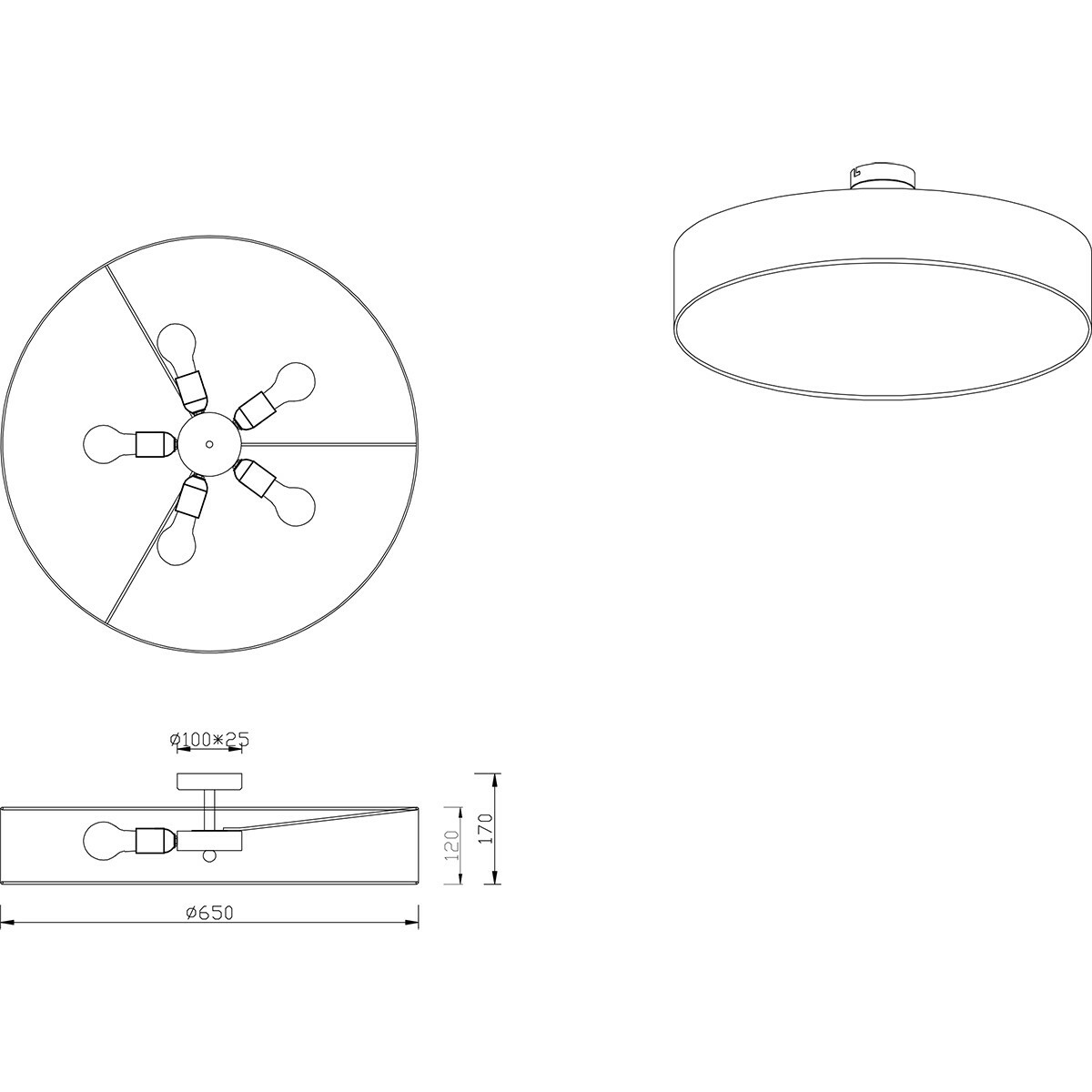 LED Deckenlampe - Deckenbeleuchtung - Trion Hotia - E27-Fassung - 5-flammig - Rund - Mattgrau - Aluminium