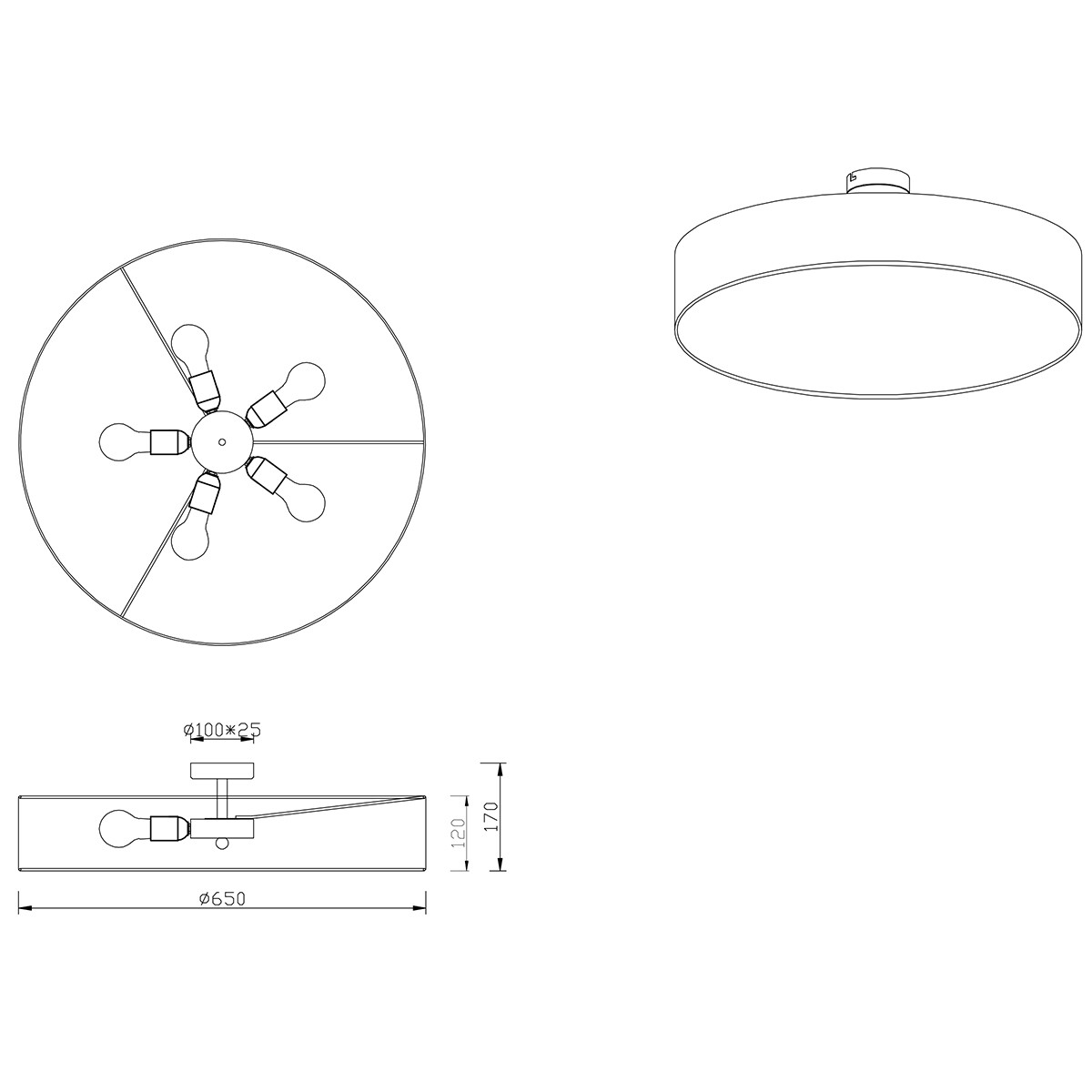 LED Deckenleuchte - Deckenbeleuchtung - Trion Hotia - E27 Sockel - 5-flammig - Rund - Mattweiß - Aluminium