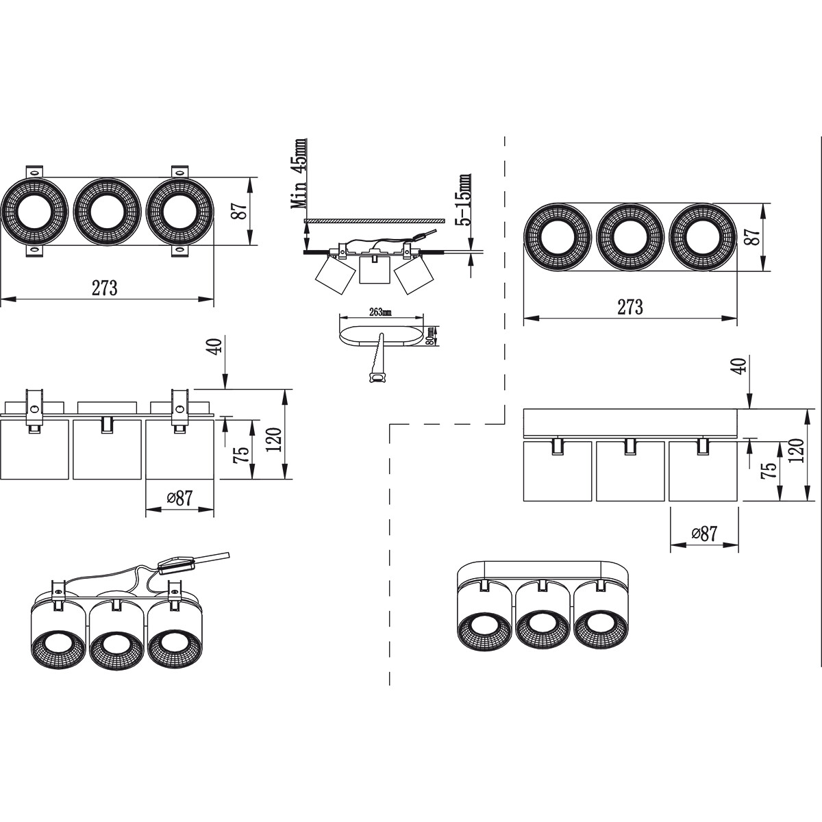 LED-Deckenleuchte - Deckenbeleuchtung - Trion Pinati - GU10-Fassung - 3-Lichter - Rund - Mattschwarz - Metall