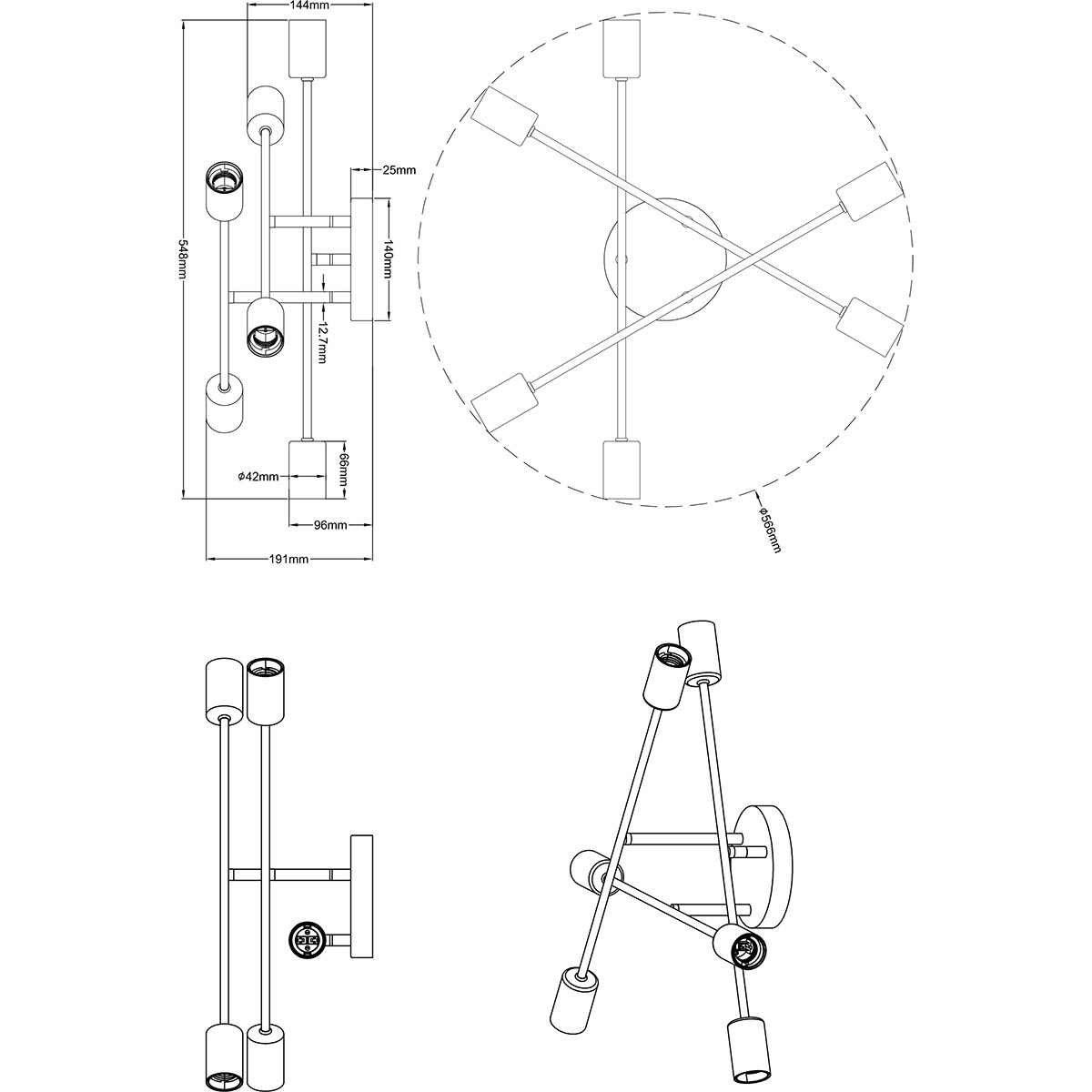 LED Deckenleuchte - Deckenbeleuchtung - Trion Ross - E27 Sockel - 6-flammig - Verstellbar - Rund - Mattschwarz Aluminium