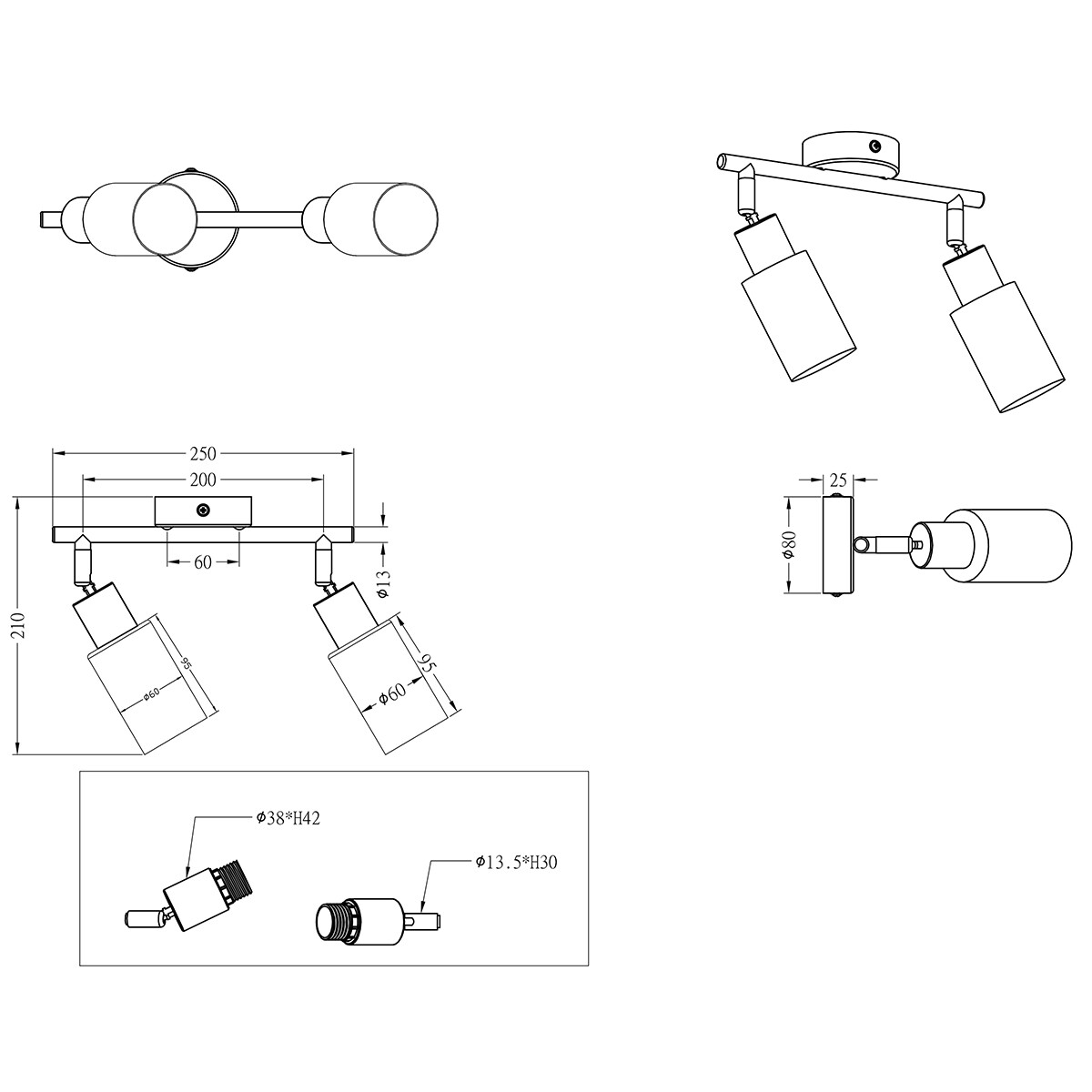 LED Deckenleuchte - Deckenbeleuchtung - Trion Smast - E14 Sockel - 2-flammig - Rechteckig - Mattes Nickel - Aluminium