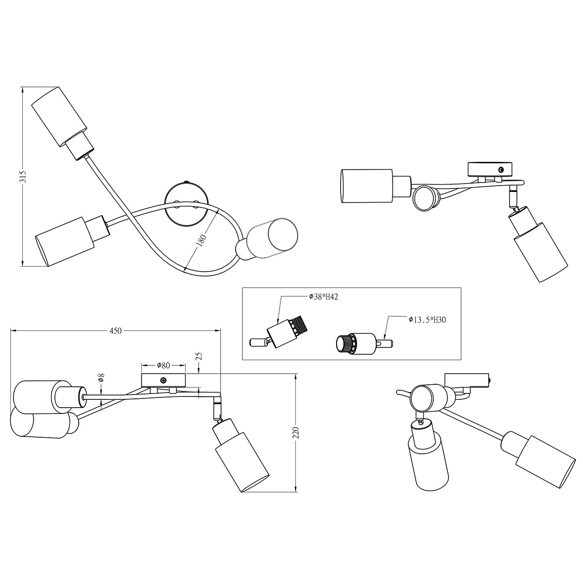 LED Deckenleuchte - Deckenbeleuchtung - Trion Smast - E14 Sockel - 3-flammig - Rechteckig - Mattes Nickel - Aluminium