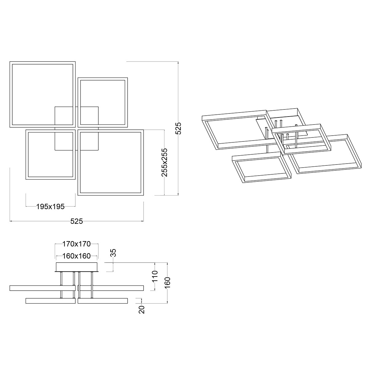 LED Deckenleuchte - Deckenbeleuchtung - Trion Soranto - 24W - Warmweiß 3000K - Dimmbar - Quadratisch - Mattschwarz - Aluminium