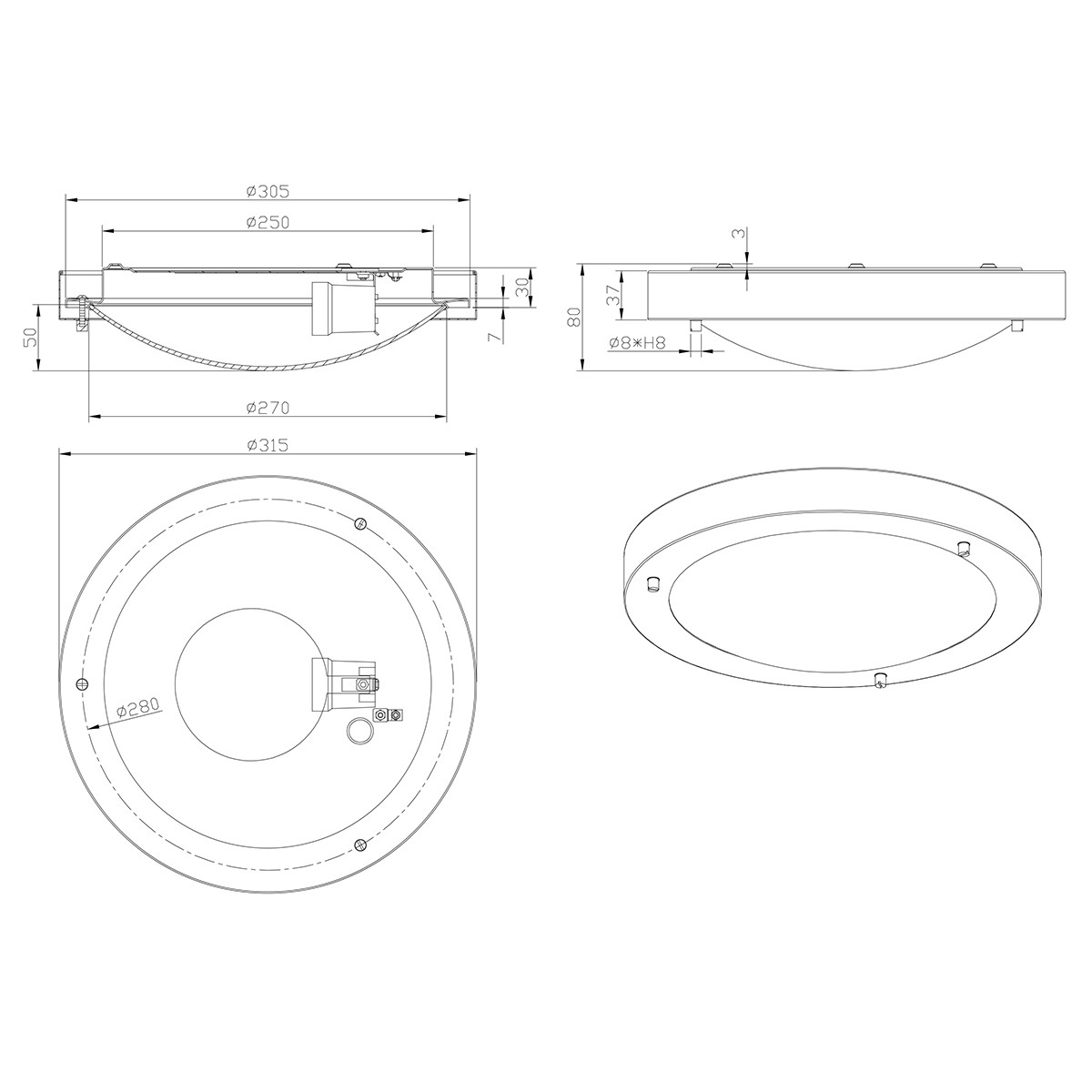 LED Deckenleuchte - Trion Condi - Aufbau Rund - Spritzwassergeschützt IP44 - E27 Sockel - Matt Nickel Aluminium - Ø310mm