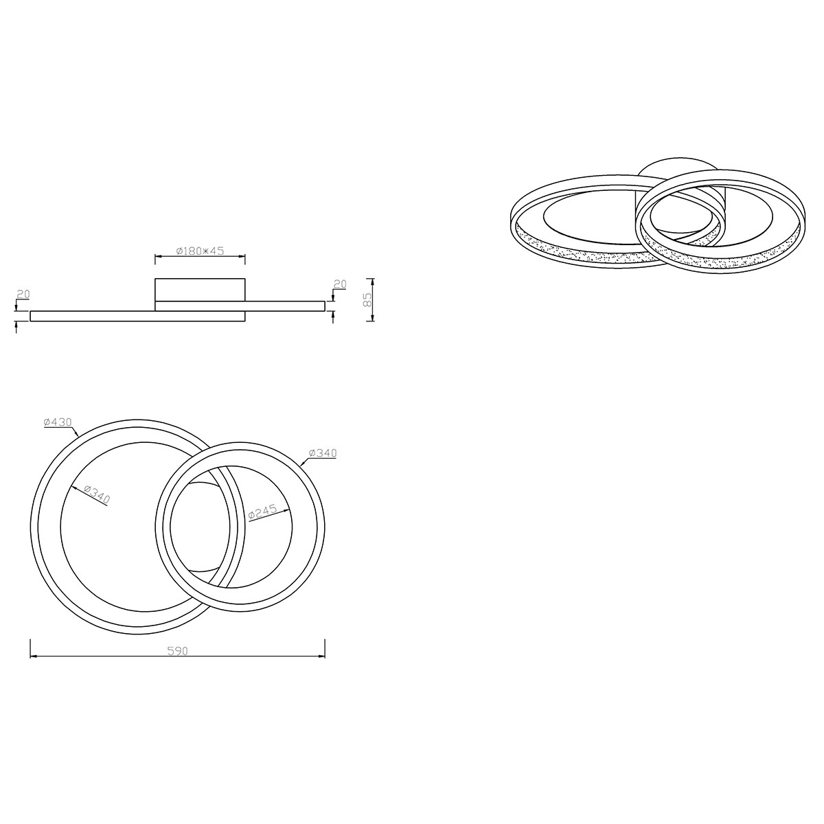 LED Deckenleuchte - Trion Granity - 24W - Warmweiß 3000K - Dimmbar - Oval - Mattschwarz - Aluminium