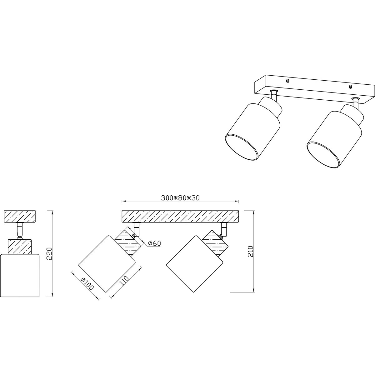 LED Deckenstrahler - Trion Asmara - E14-Fassung - 2-flammig - Rechteckig - Mattbraun - Holz