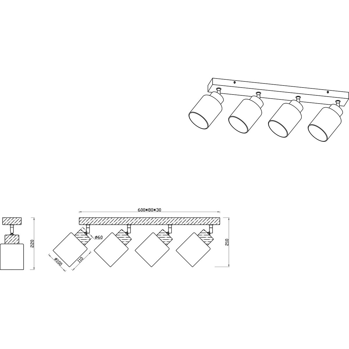 LED Deckenstrahler - Trion Asmara - E14-Fassung - 4-flammig - Rechteckig - Mattbraun - Holz