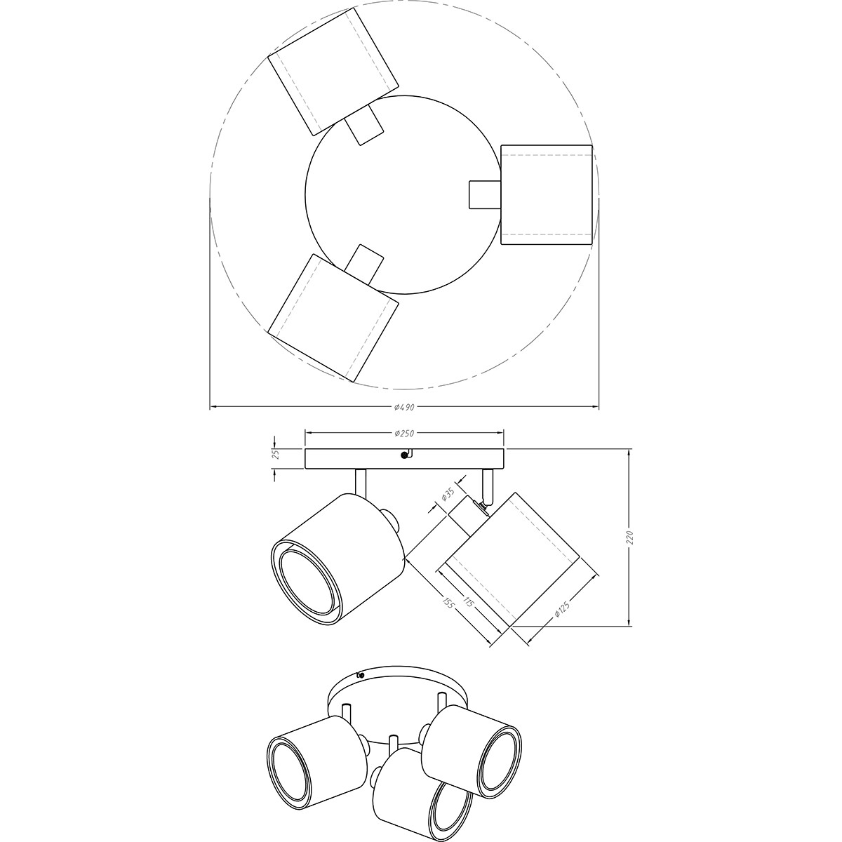 LED Deckenstrahler - Trion Bidon - E14-Fassung - 3-flammig - Rund - Mattschwarz - Aluminium