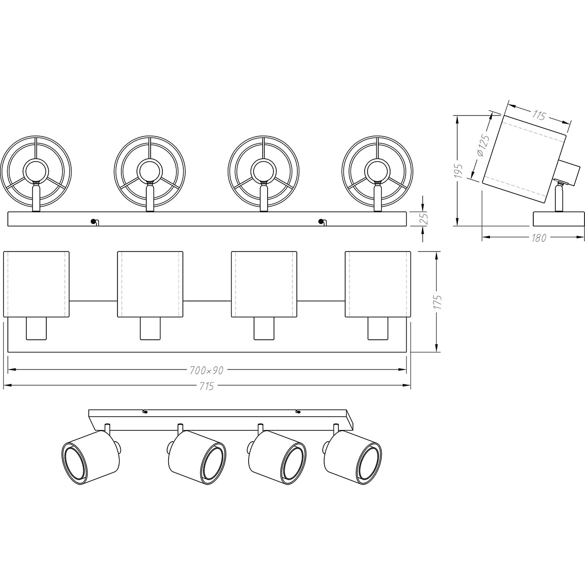 LED Deckenstrahler - Trion Bidon - E14-Fassung - 4-flammig - Rechteckig - Mattschwarz - Aluminium