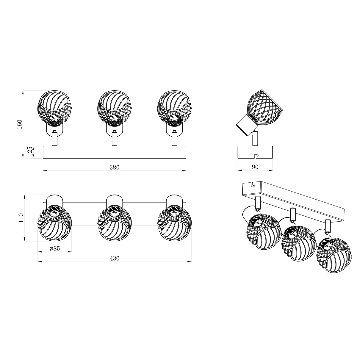 LED Deckenspot - Deckenbeleuchtung - Trion Ordan - E14 Fassung - 3-flammig - Schwarz/Gold