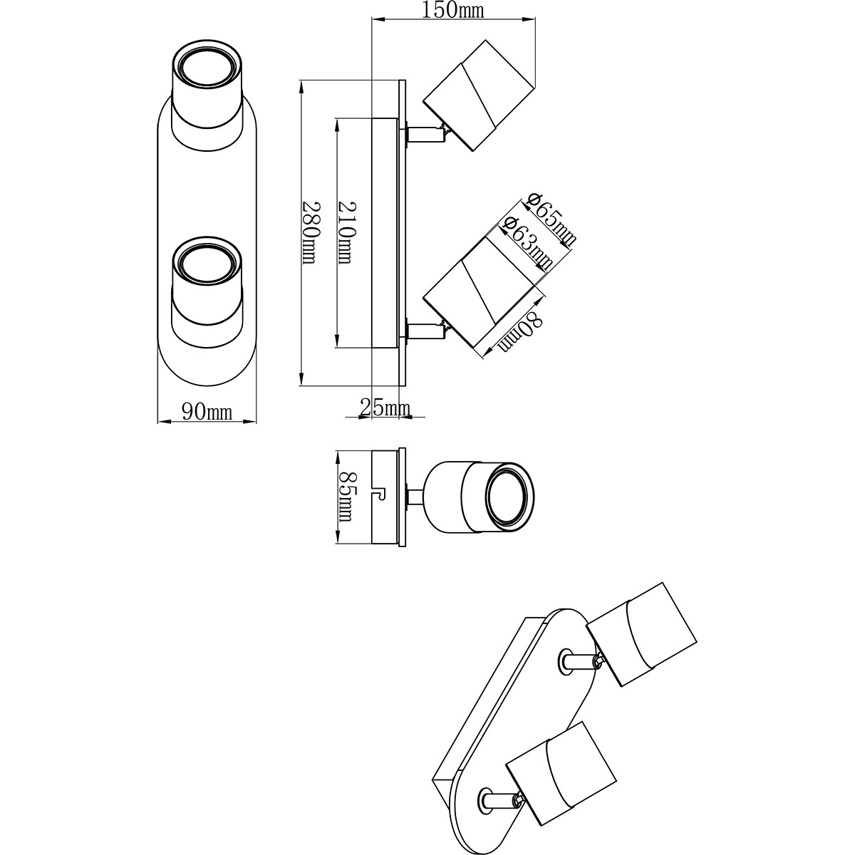 LED-Deckenspot - Trion Arnia - GU10 Fassung - 2-flammig - Rund - Holz/Weiß - Naturholz