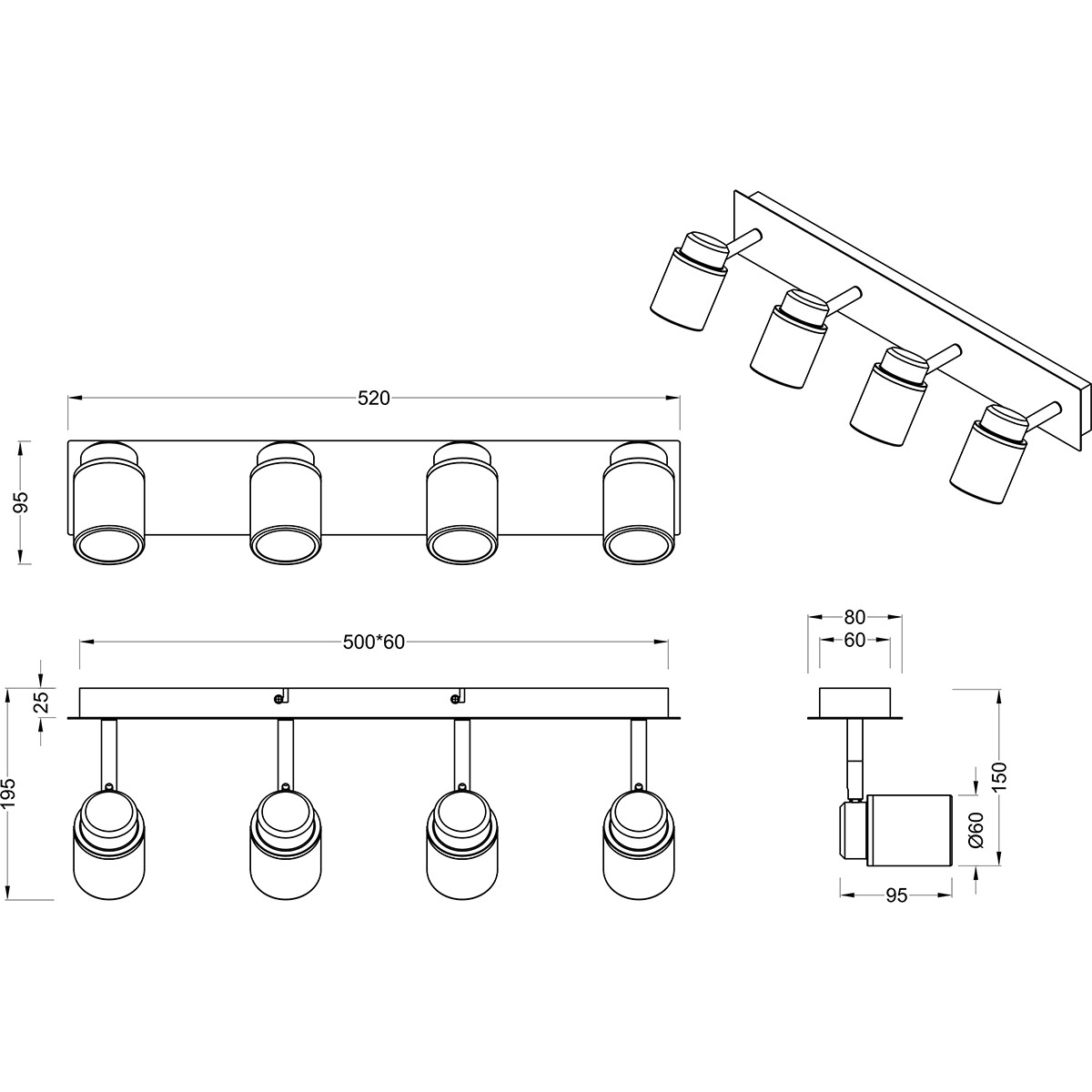 LED Deckenstrahler - Trion Artion - GU10 Fassung - Spritzwassergeschützt IP44 - Rechteckig - Matt Schwarz - Aluminium